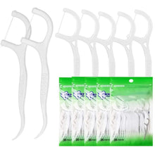 Plastic dental floss picks set with green bag packaging, multiple white picks