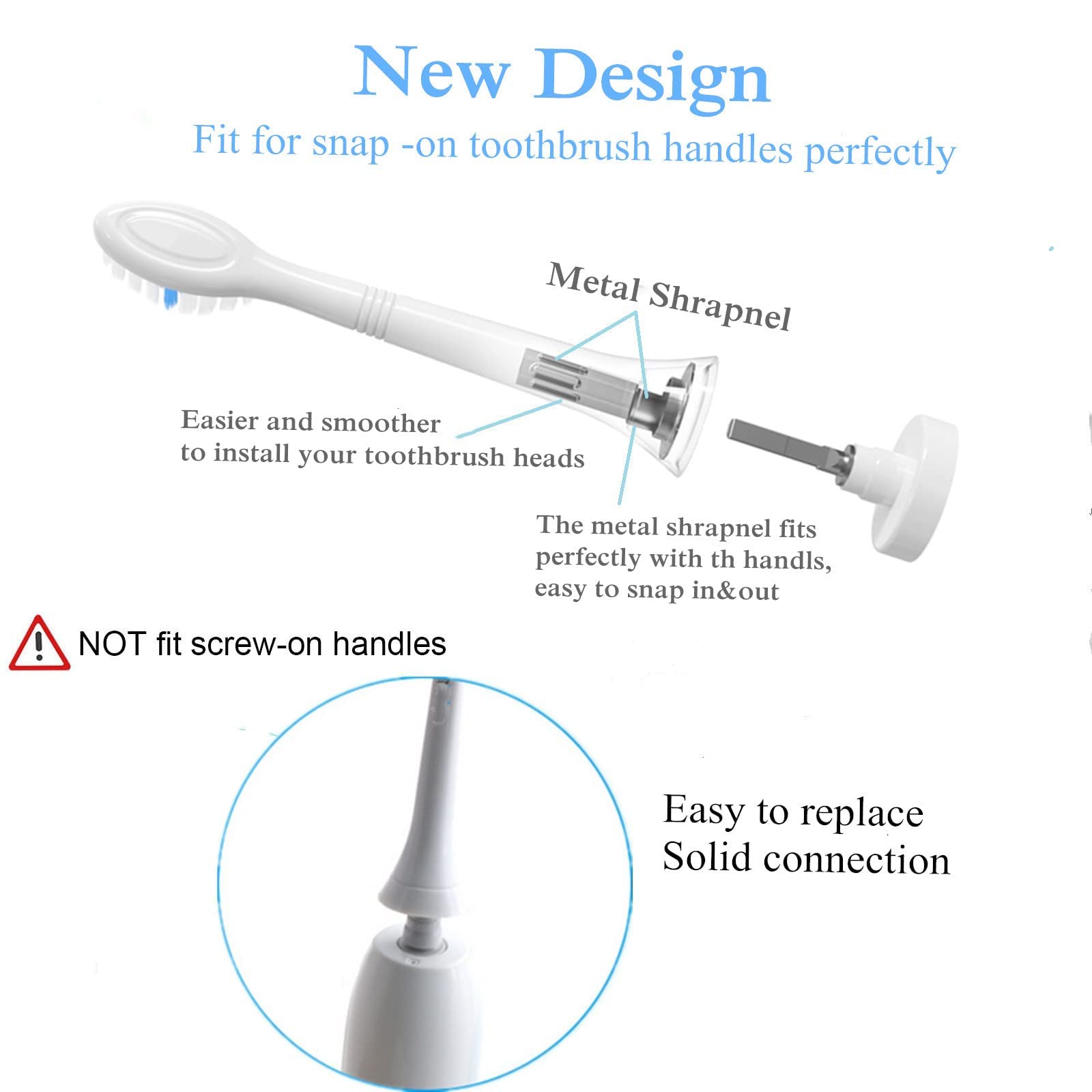 WEQNNM Sonicare compatible replacement brush heads diagram showing snap on handle metal connector and easy replacement
