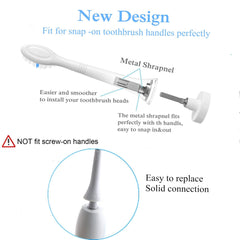 WEQNNM Sonicare compatible replacement brush heads diagram showing snap on handle metal connector and easy replacement