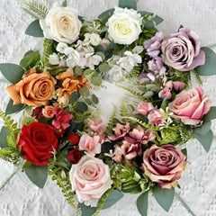 Orange artificial flower decor wreath with mixed roses and green leaves by Huitich