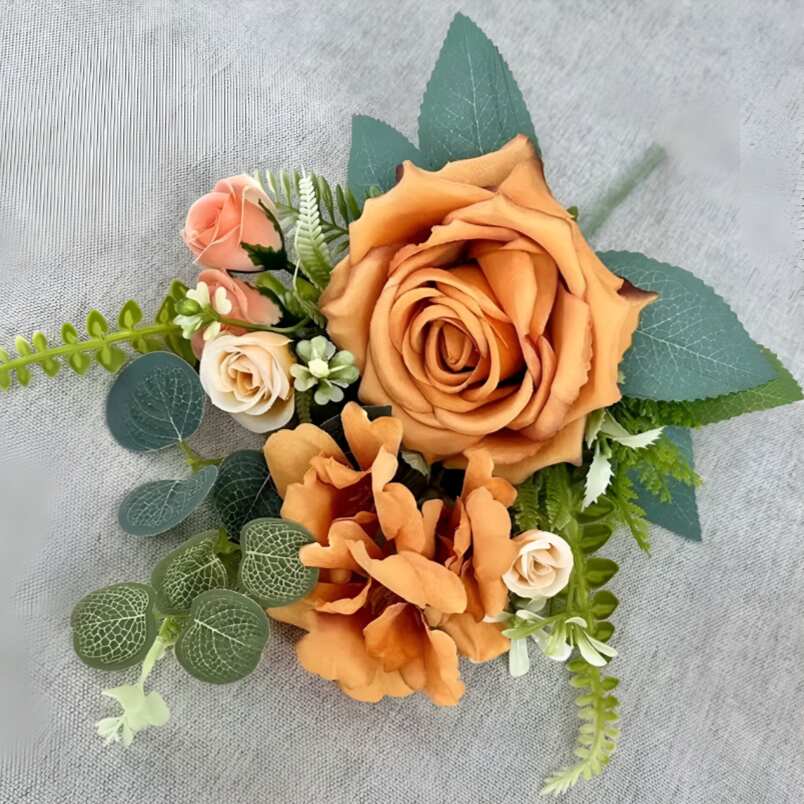 Huitich orange artificial flower decor with realistic orange roses and green leaves for home decoration