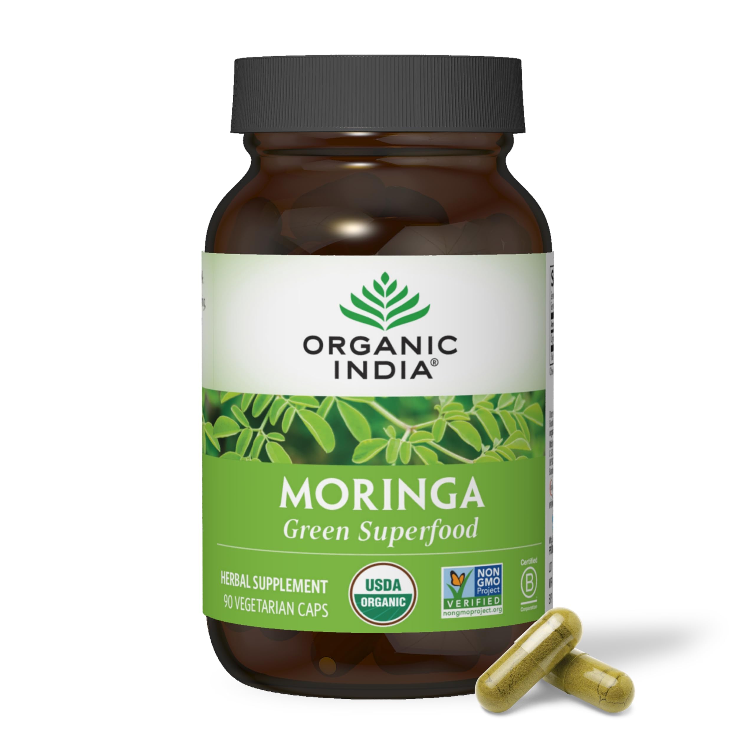 Organic India Moringa capsules UAE bottle of Moringa green superfood vegetarian herbal supplement with two capsules