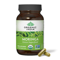 Organic India Moringa capsules UAE bottle of Moringa green superfood vegetarian herbal supplement with two capsules