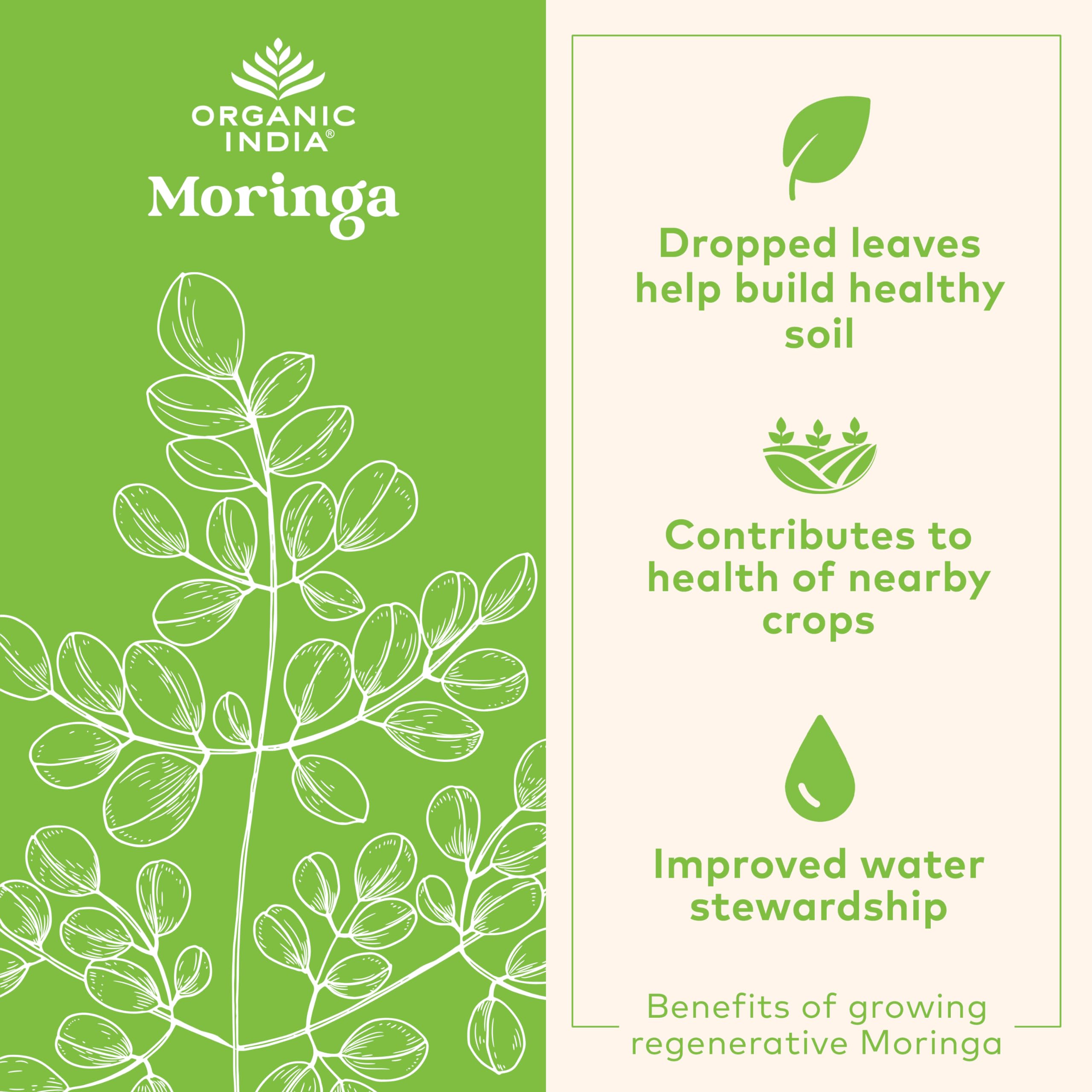 Organic India Moringa capsules UAE label showing moringa leaves and benefits for soil water stewardship and crop health
