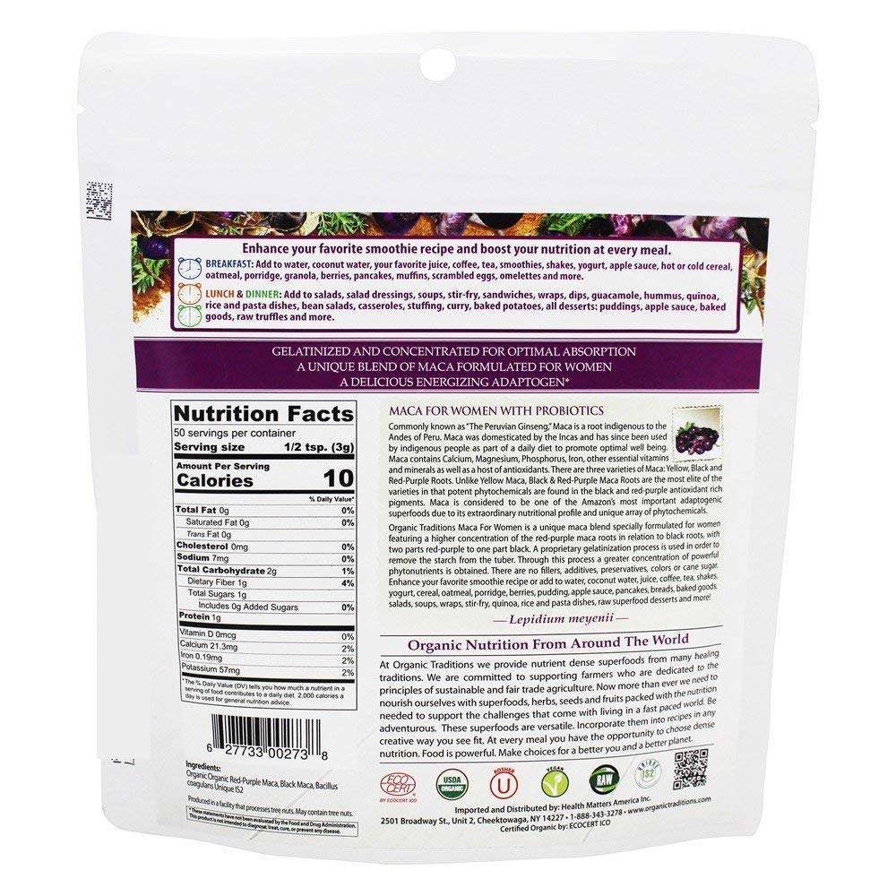 Organic Traditions white resealable pouch showing nutrition facts and label for maca powder for women with probiotics