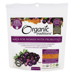 Organic Traditions maca powder for women with probiotics pouch showing purple maca roots and resealable white bag