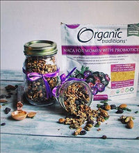 Maca supplement granules in jars with standing pouch on wooden table