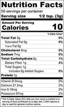 Nutrition Facts label for maca supplement, showing calories and daily values