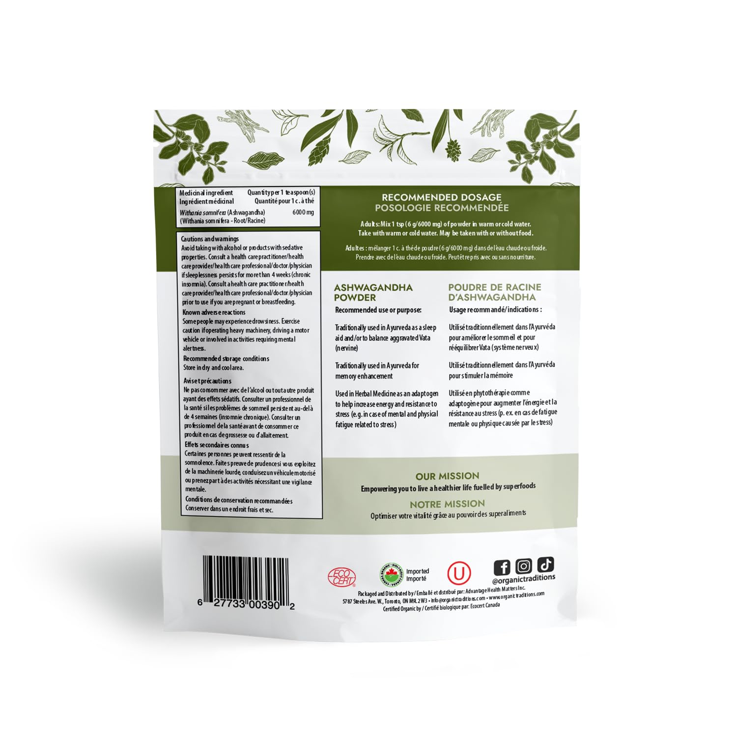 Back of Organic Traditions pouch showing label and recommended dosage for organic ashwagandha root powder