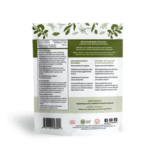 Ashwagandha root powder pouch back with ingredient and dosage information