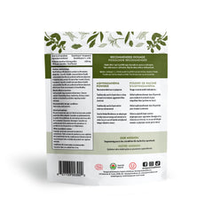 Back of Organic Traditions pouch showing label and recommended dosage for organic ashwagandha root powder