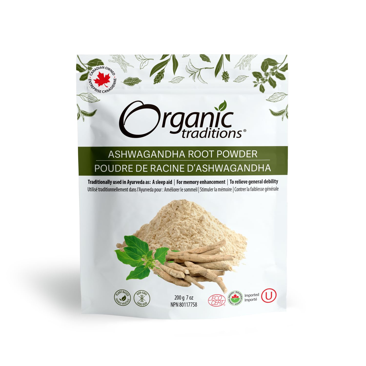 Organic Traditions pouch of organic ashwagandha root powder with pile of powder and roots on white background