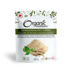 Organic Traditions pouch of organic ashwagandha root powder with pile of powder and roots on white background