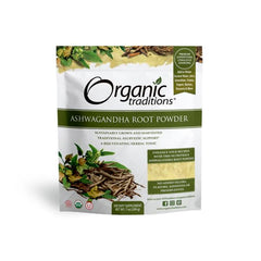 Organic Traditions white resealable pouch of organic ashwagandha root powder with herbal roots and leaves image