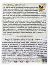 Sprouted flax seed powder directions and ingredients text panel with ORAC note