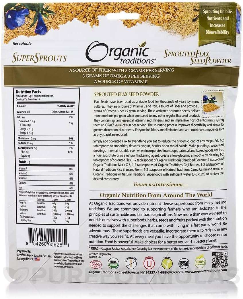Organic Traditions SuperSprouts resealable bag of organic flax seed powder with sprouted seed label and nutrition facts