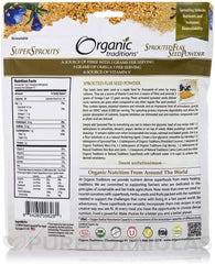 Organic Traditions SuperSprouts resealable bag of organic flax seed powder with sprouted seed label and nutrition facts