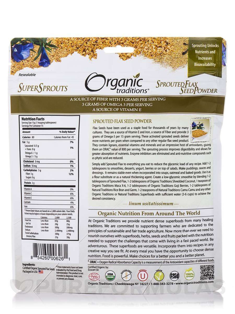 Organic Traditions sprouted flax seed powder resealable pouch back label showing nutrition facts organic flax seed powder
