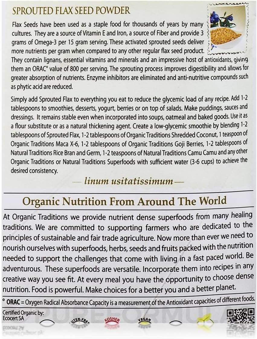 Organic Traditions label for organic flax seed powder showing sprouted flax nutrition facts and usage
