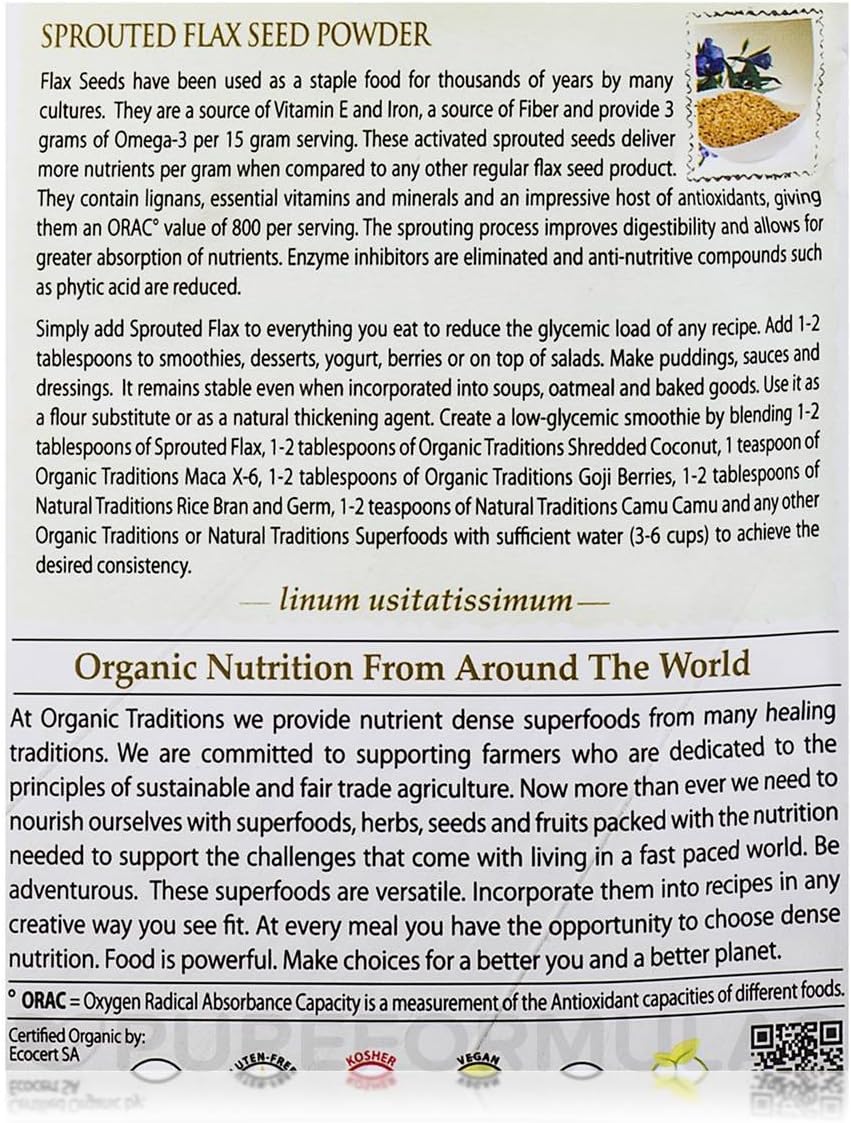 Organic Traditions label for organic flax seed powder showing sprouted flax nutrition facts and usage