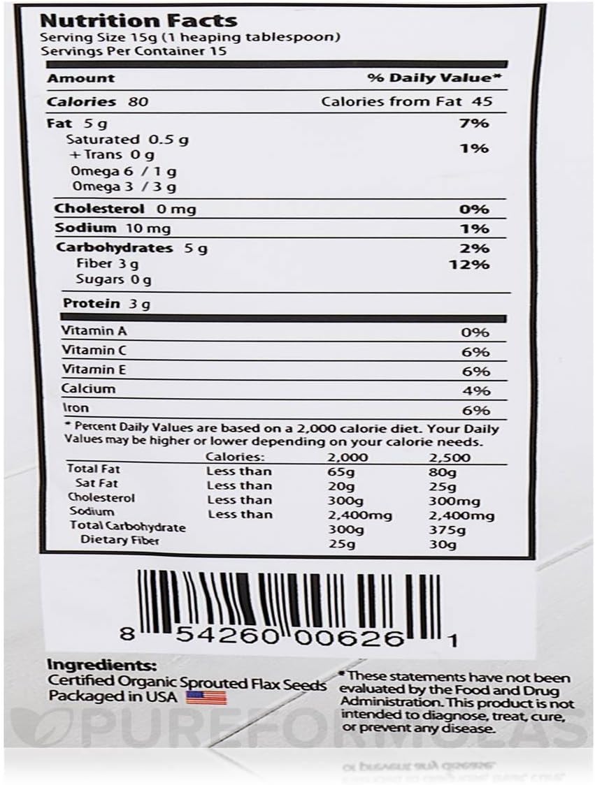 Organic Traditions organic flax seed powder nutrition facts and ingredients label on packaging
