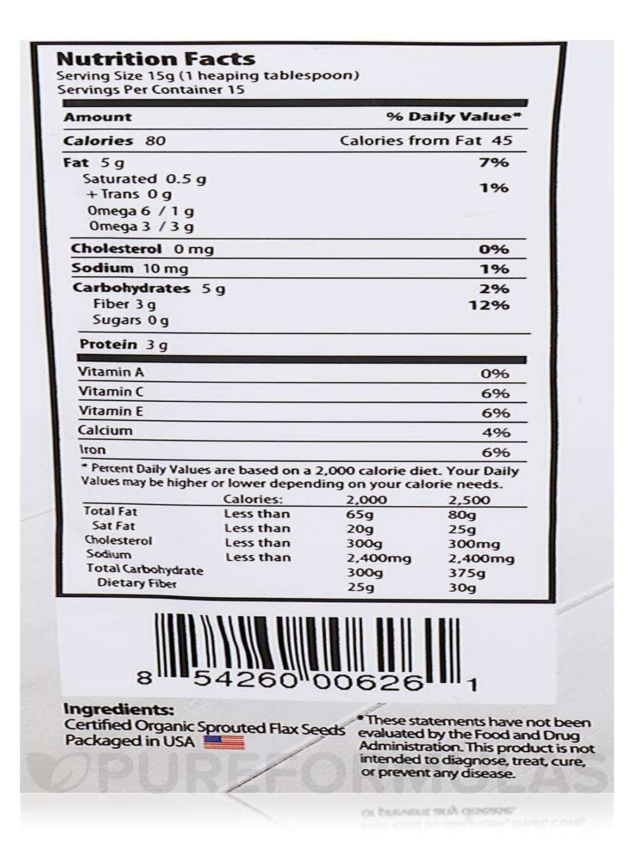 Organic Traditions organic flax seed powder nutrition facts label showing ingredients and barcode