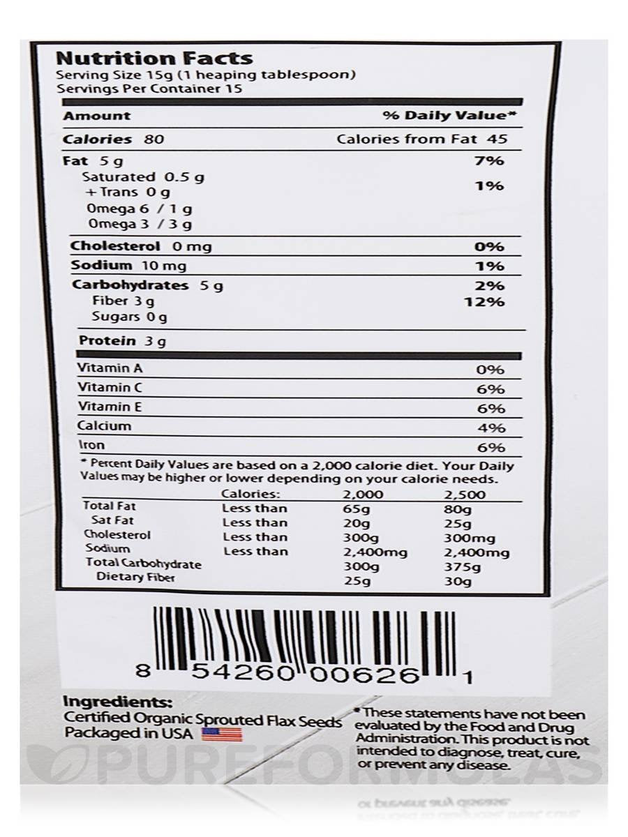 Organic Traditions organic flax seed powder nutrition facts label showing ingredients and barcode