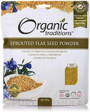 Sprouted flax seed powder pouch, white label with gold seed image and blue flax flowers