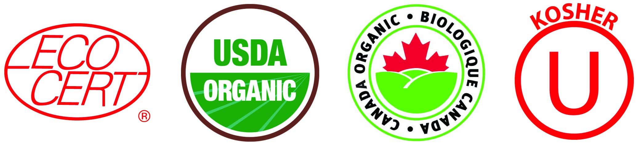 Organic Traditions organic maca powder with ECOCERT USDA Organic Canada Organic and Kosher certification logos