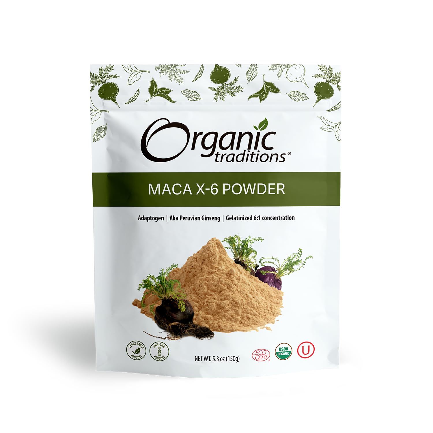 Organic Traditions Maca X6 resealable pouch with pile of organic maca powder and maca roots