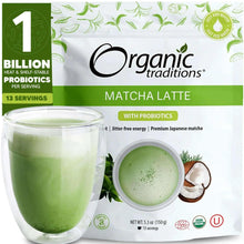 Organic Traditions matcha latte powder bag with a cup of green matcha and probiotics