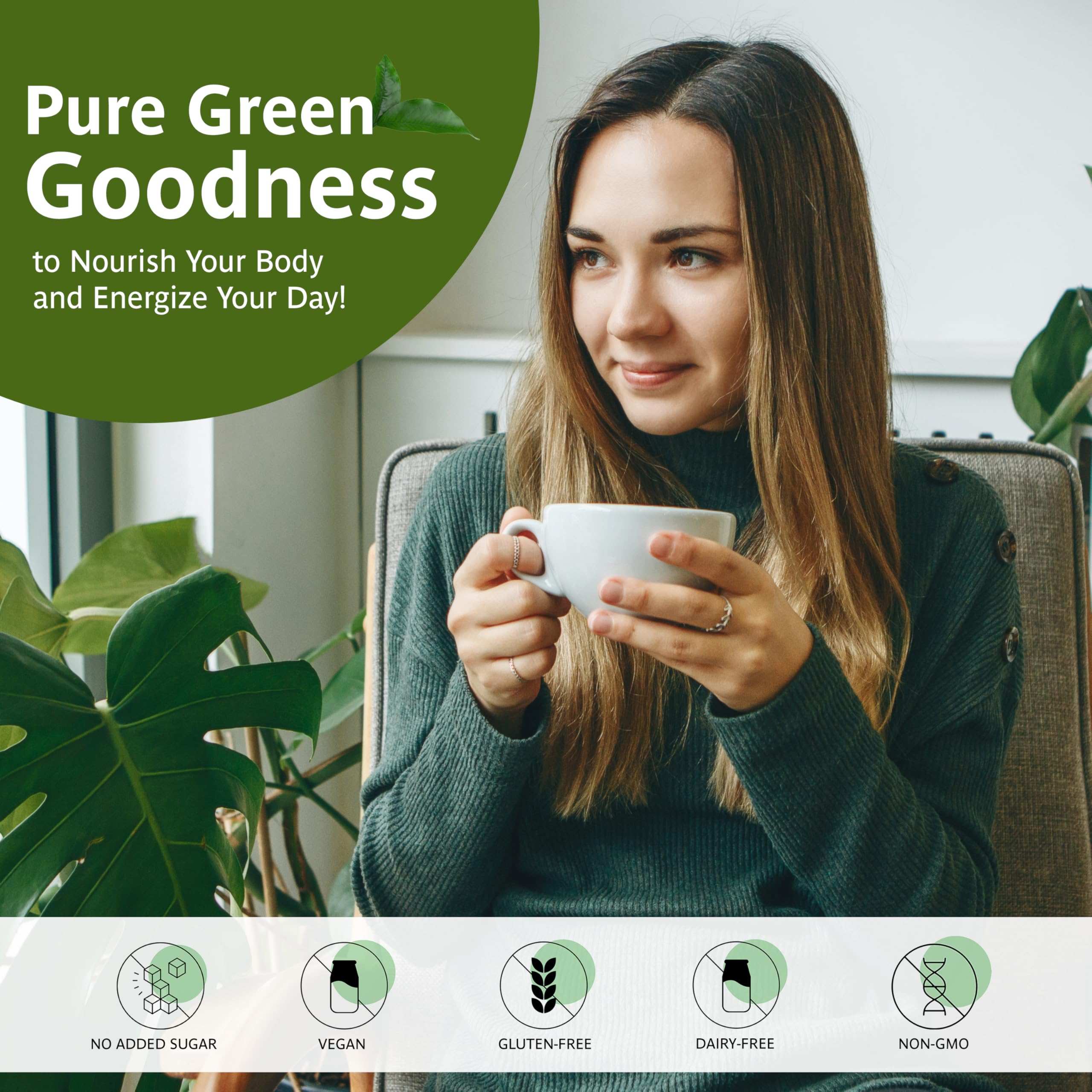 Woman sipping organic matcha latte with probiotics in cozy green setting highlighting vegan dairy free benefits