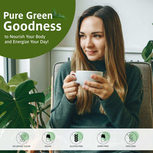 Woman holding a cup of green matcha latte with dietary icons