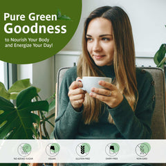 Woman sipping organic matcha latte with probiotics in cozy green setting highlighting vegan dairy free benefits