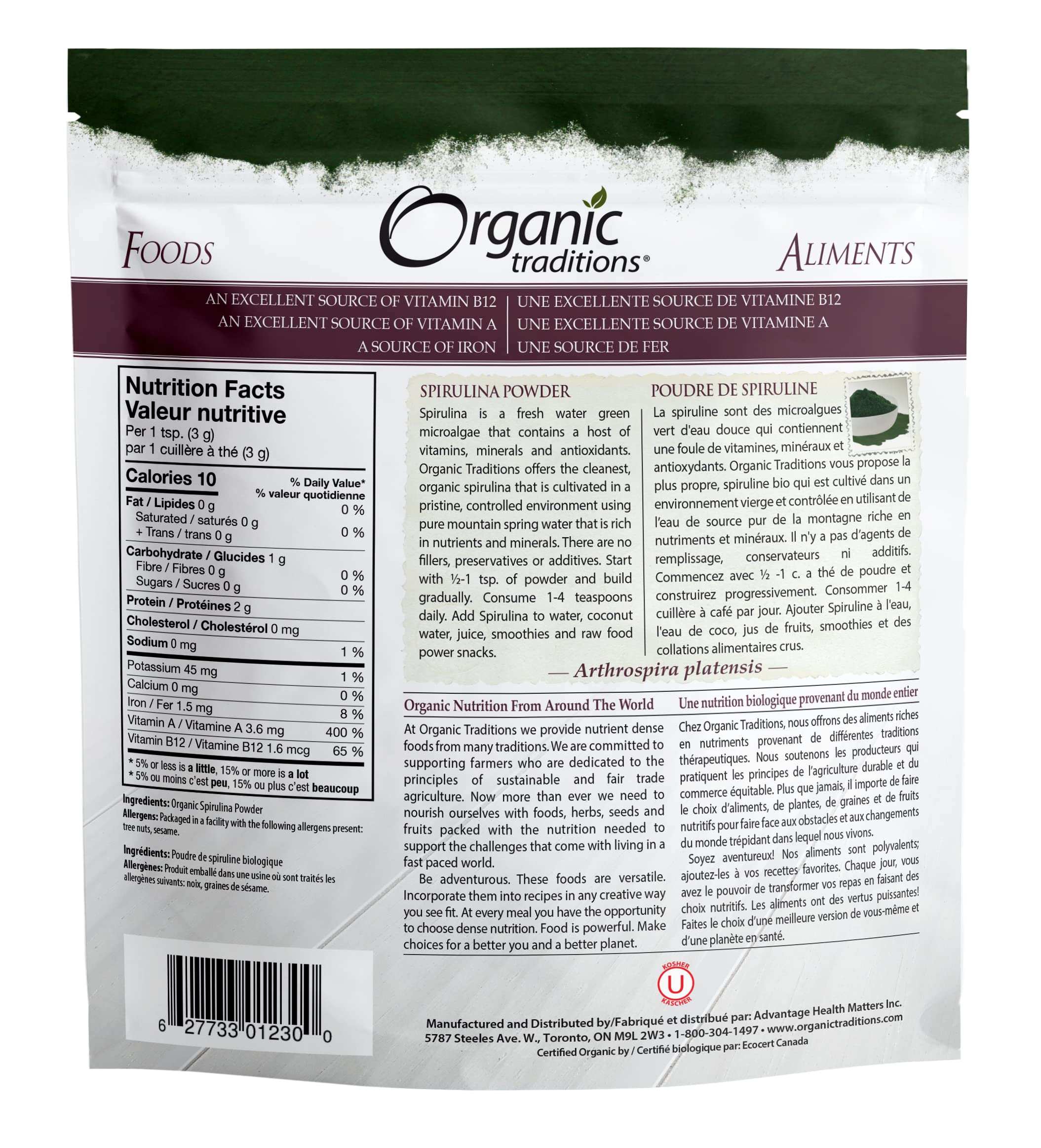 Organic Traditions organic spirulina powder resealable white pouch with nutrition facts and product details