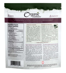 Organic Traditions organic spirulina powder resealable white pouch with nutrition facts and product details