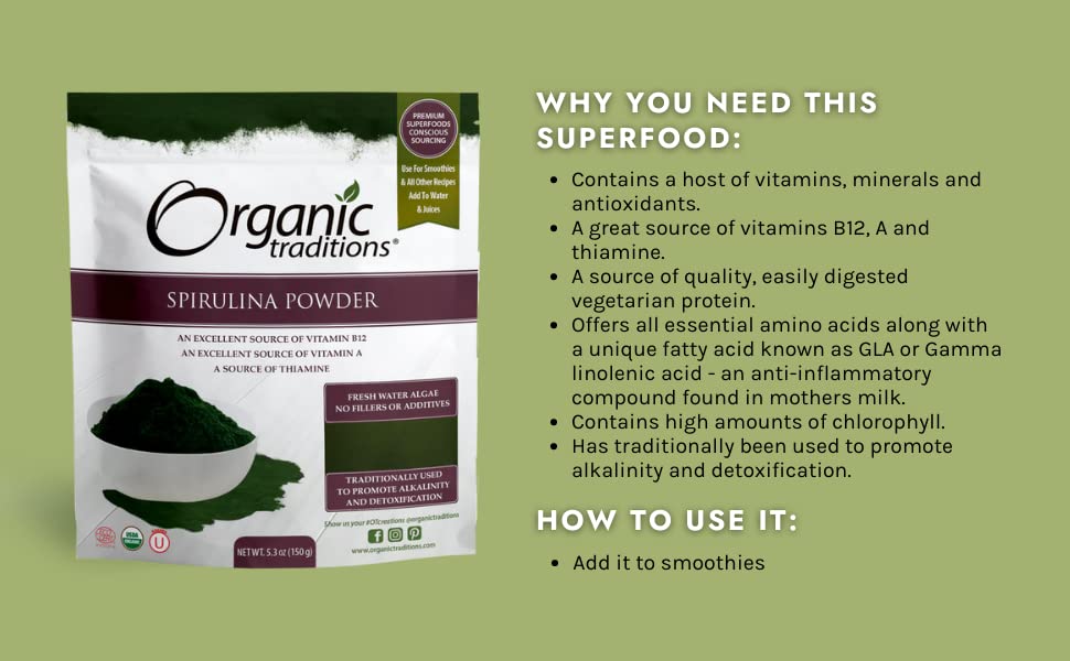 Organic Traditions organic spirulina powder pouch with a heap of green powder and benefits panel