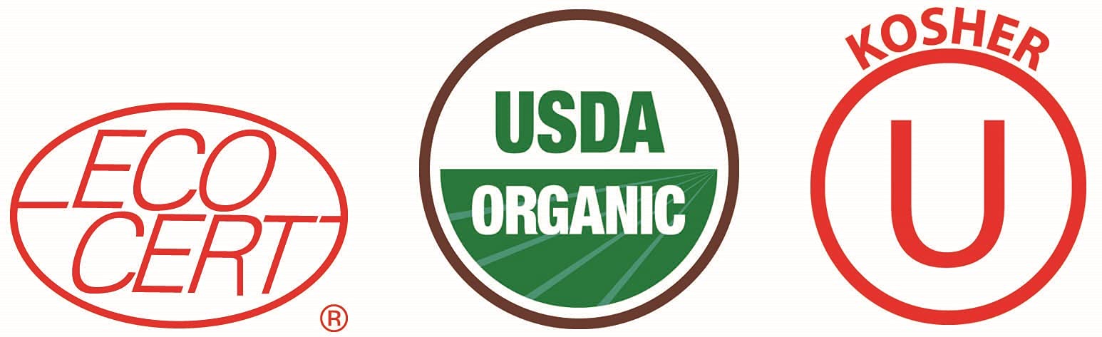 Certification logos on Organic Traditions organic spirulina powder packaging showing EcoCert USDA Organic and Kosher symbols
