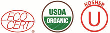 Organic Traditions spirulina powder certification seals: ECO CERT, USDA Organic, Kosher U