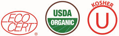 Certification logos on Organic Traditions organic spirulina powder packaging showing EcoCert USDA Organic and Kosher symbols