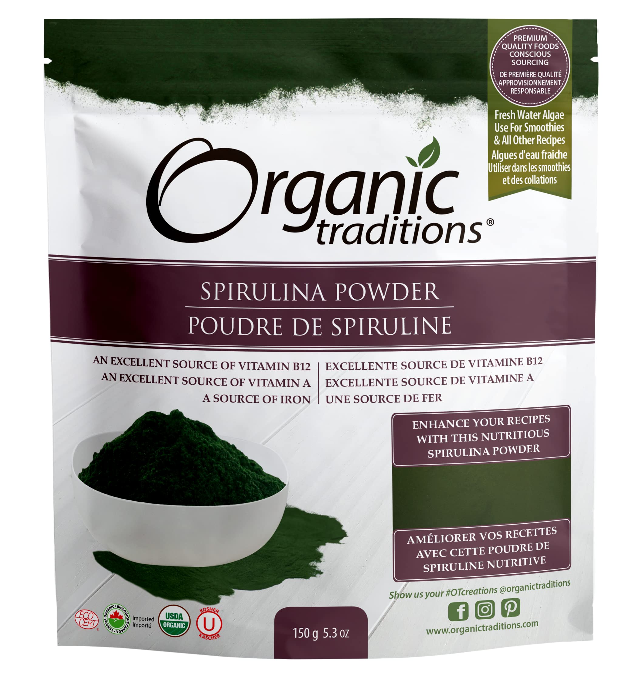 Organic Traditions organic spirulina powder pouch 150g with bowl of deep green powder for smoothies and recipes
