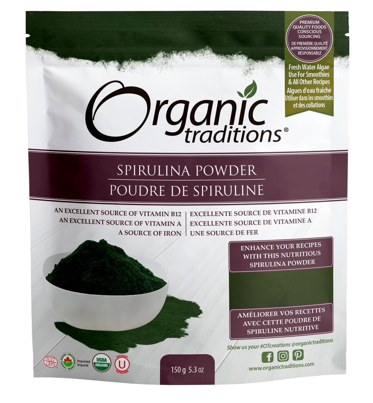 Organic Traditions organic spirulina powder pouch 150g with bowl of deep green powder for smoothies and recipes