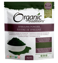 Spirulina powder pouch with Organic Traditions branding and green algae powder scoop