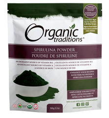 Organic Traditions organic spirulina powder pouch 150g with bowl of deep green powder for smoothies and recipes