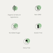 Spirulina powder pouch feature icons: organic & natural, non-GMO, no added sugar, gluten-free