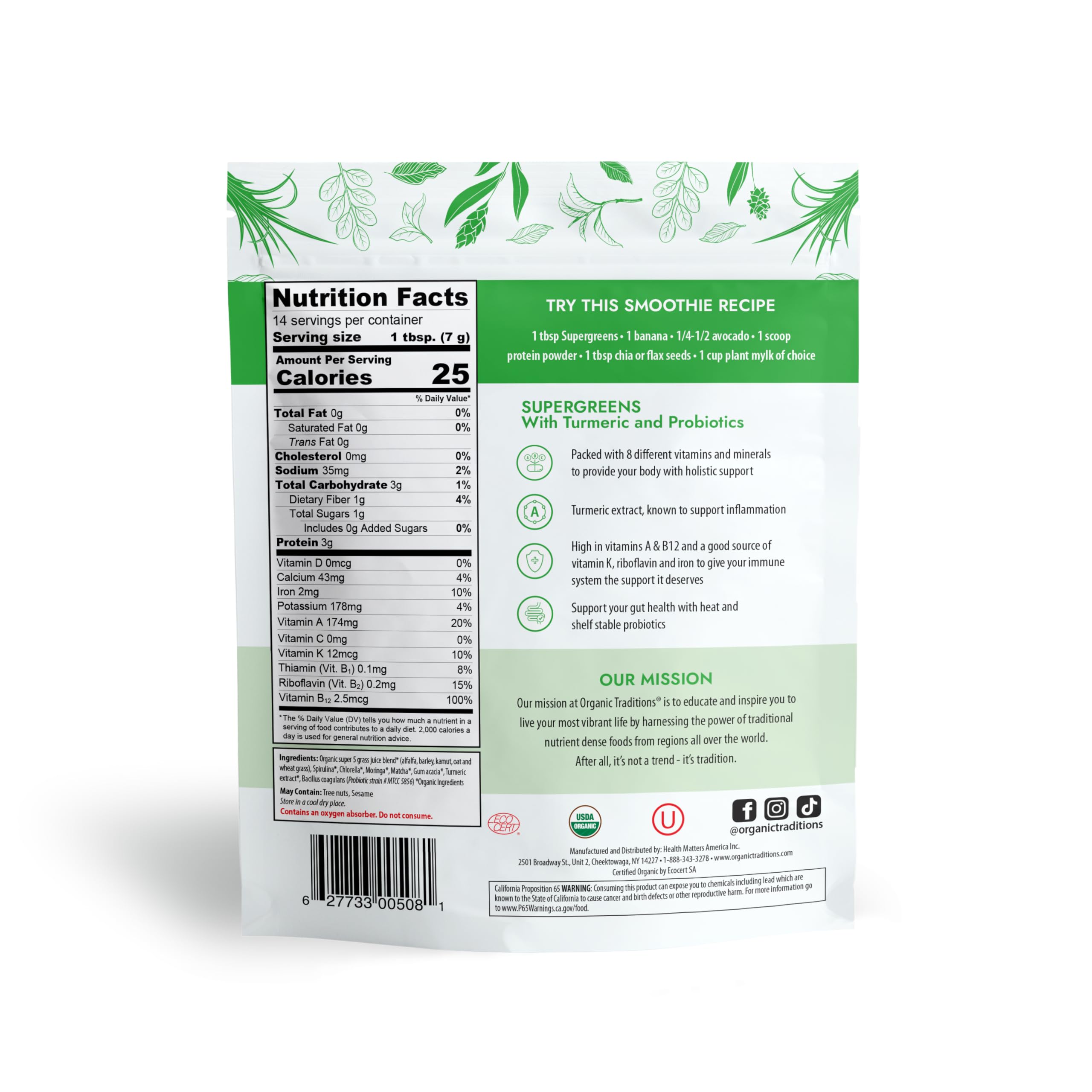 Organic Traditions supplement pouch showing nutrition facts recipe and details for supergreens powder with turmeric and probiotics