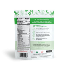 Organic Traditions supplement pouch showing nutrition facts recipe and details for supergreens powder with turmeric and probiotics