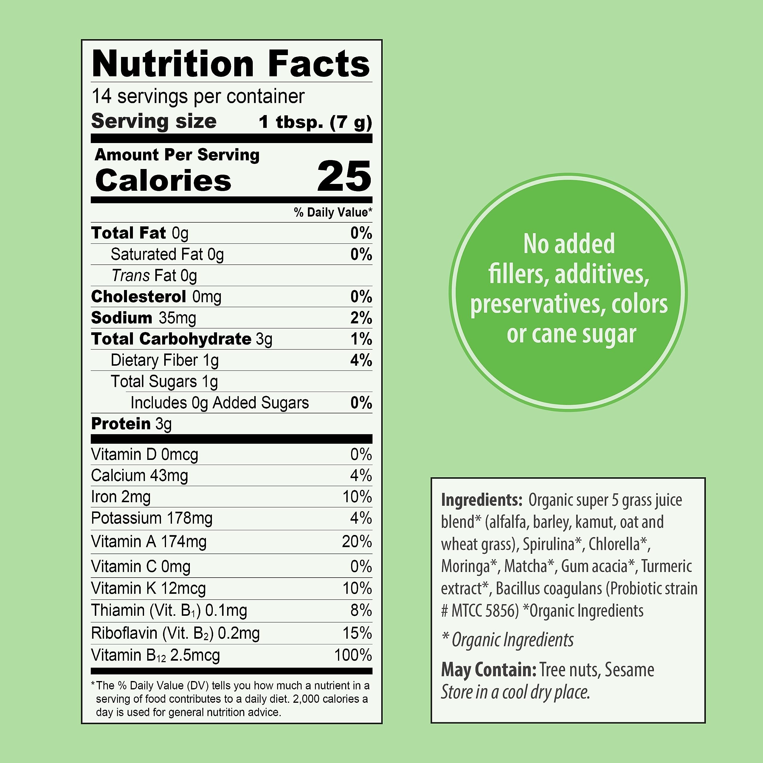 Organic Traditions label showing nutrition facts ingredients and claims for supergreens powder with turmeric and probiotics