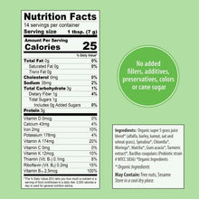 Nutrition Facts and ingredient list panel for supergreens powder with no added statement