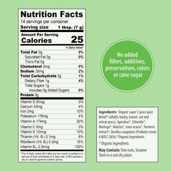 Organic Traditions label showing nutrition facts ingredients and claims for supergreens powder with turmeric and probiotics
